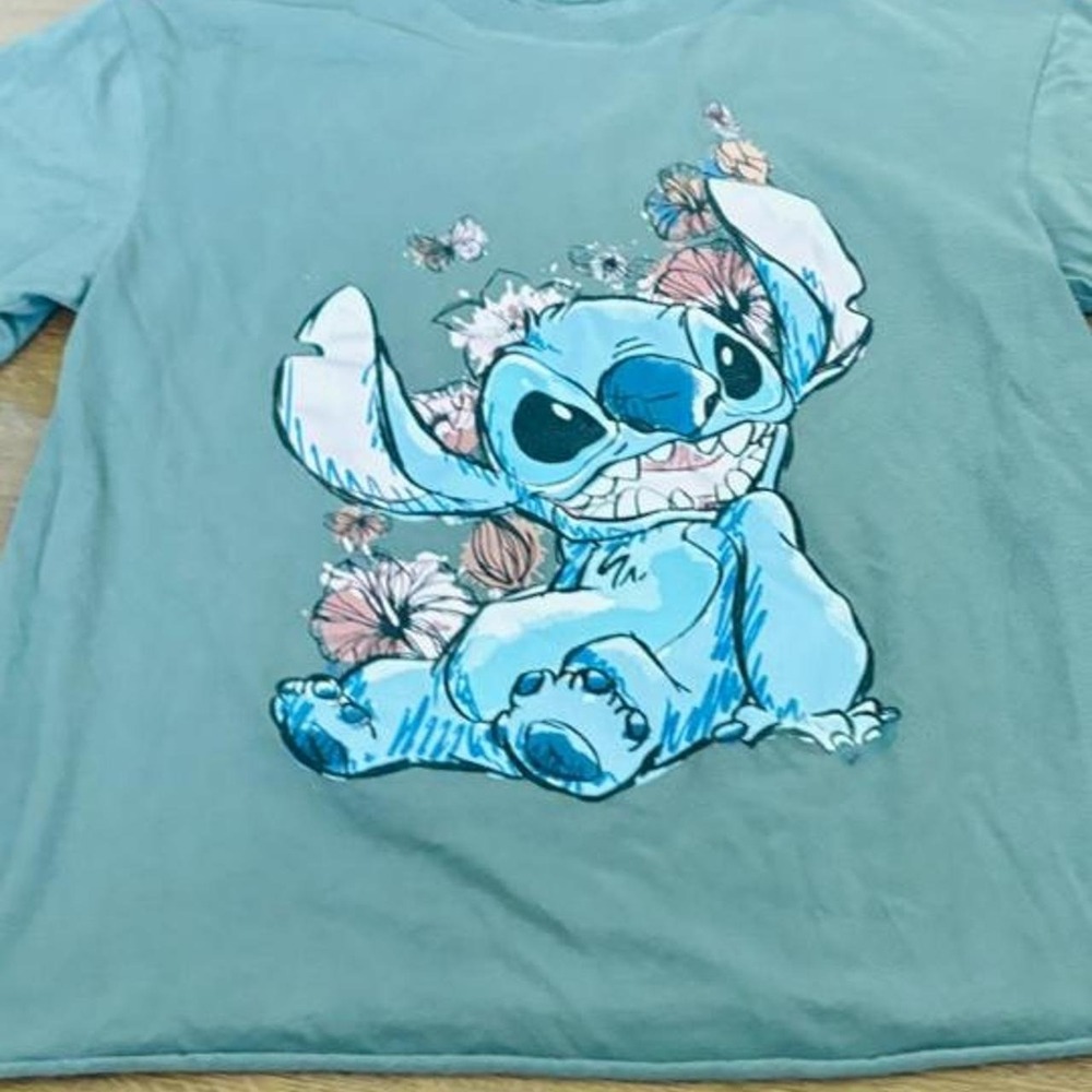 Disney Lilo and Stitch Floral Graphic Tee Shirt Blue Sage Green Womens XS